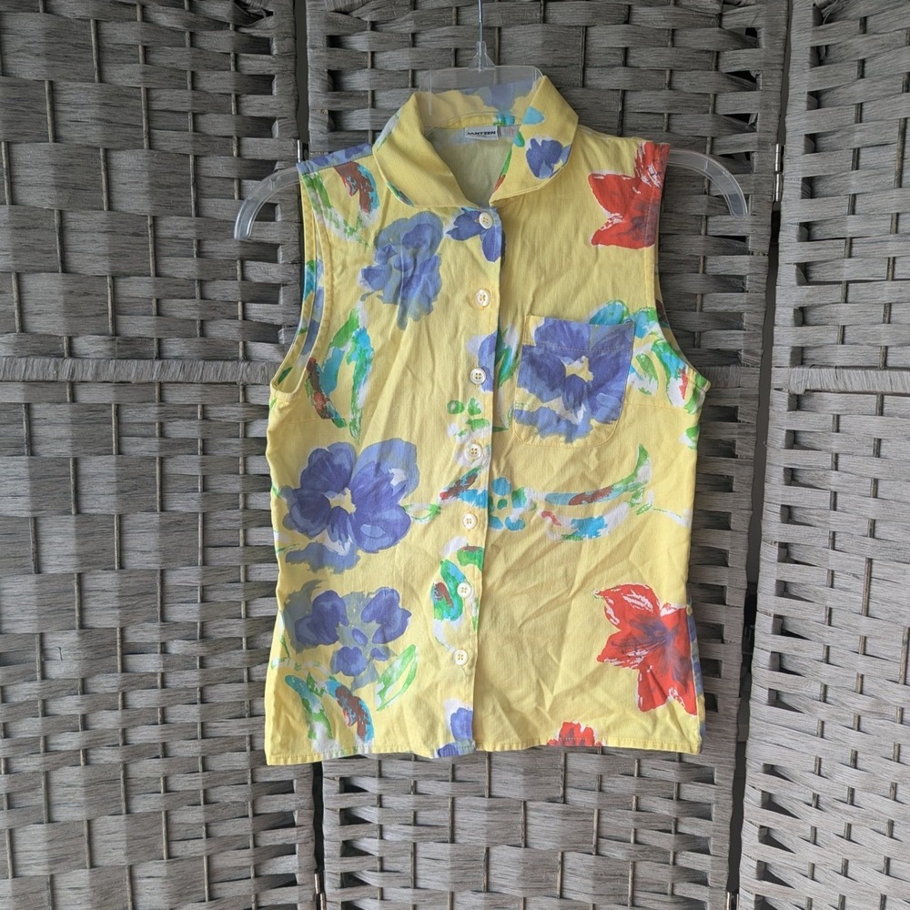 Vtg Jantzen Sleeveless Top Yellow Floral Button Up Pique Sz S Colorful Bright